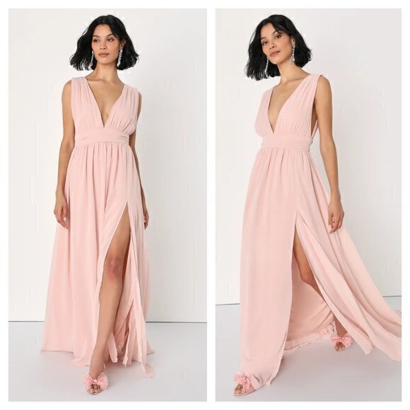 Lulu's Heavenly Hues Blush Plunge Maxi Dress S Blush Pink - Picture 1 of 16